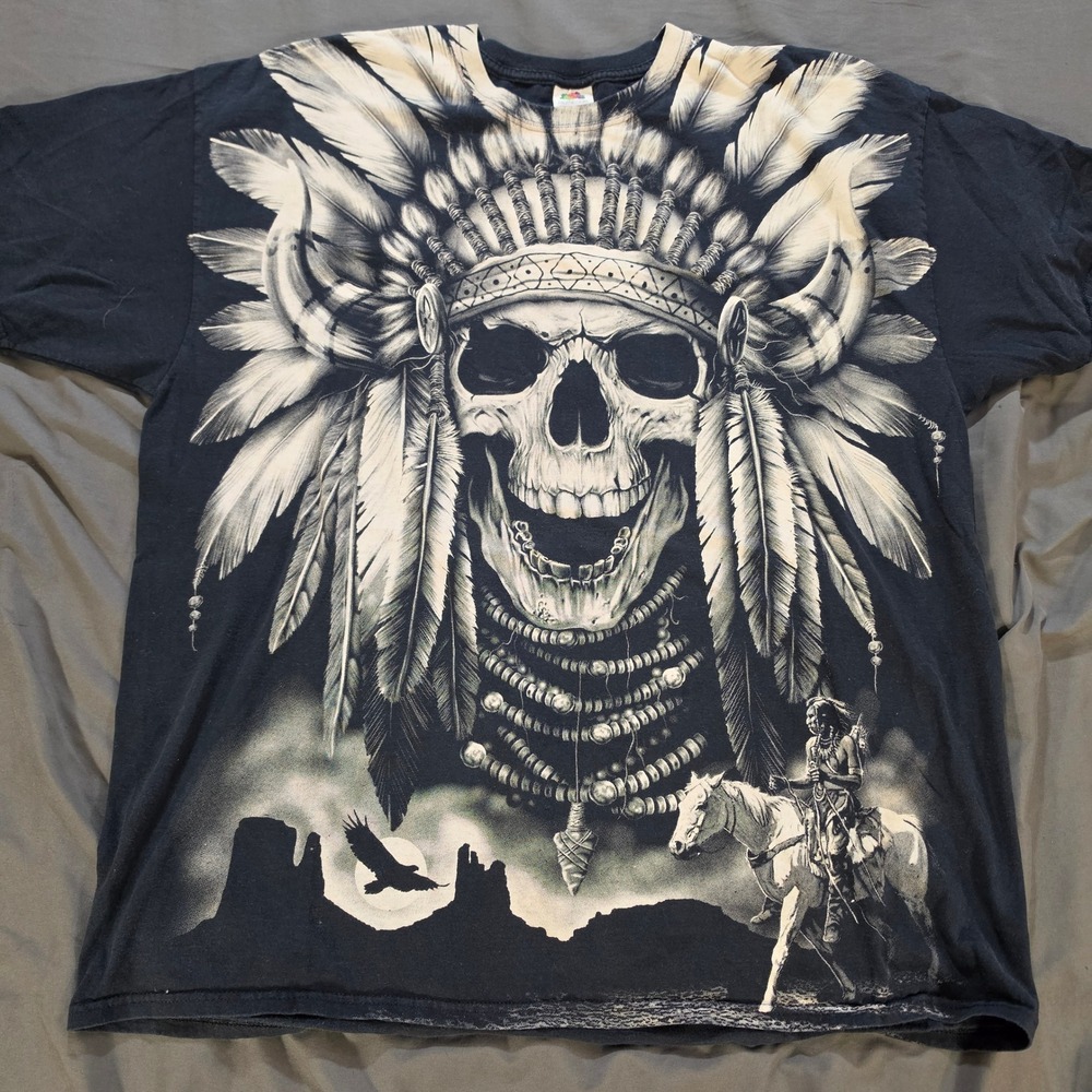 Native American Indian Spirit Skull Headdress Graphic T-Shirt Black White 2XL